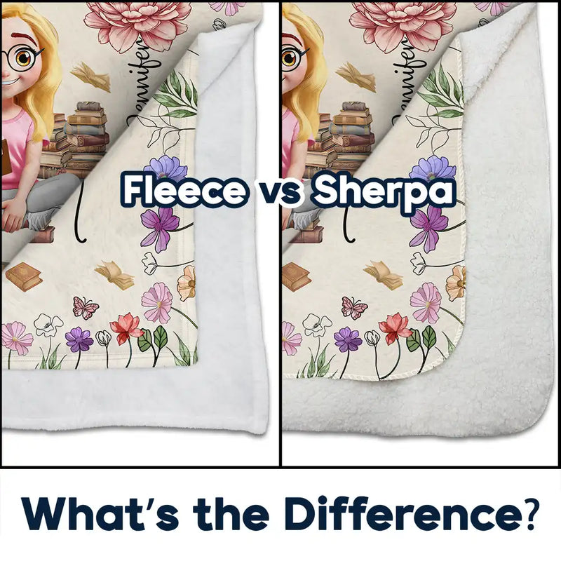 Reading Girl With Birth Month Flowers - Personalized Fleece Blanket, Sherpa Blanket