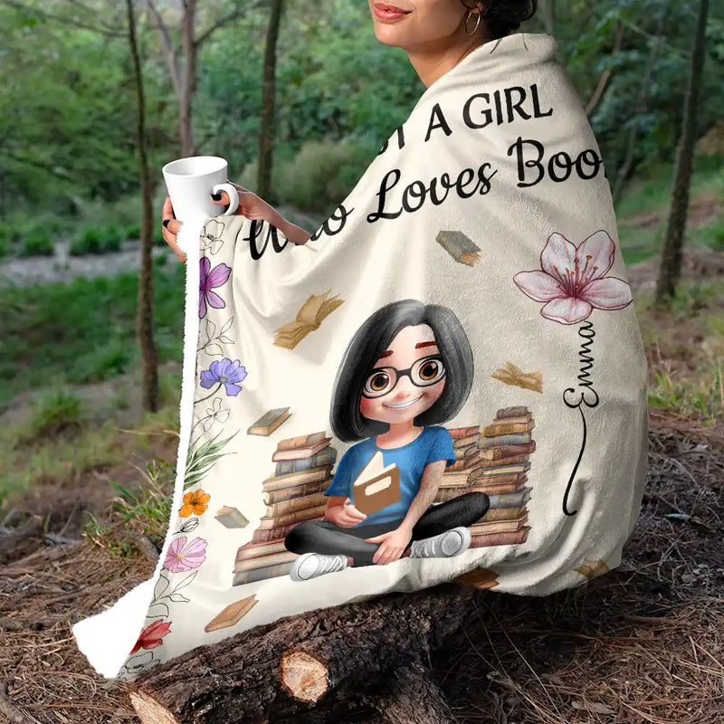 Reading Girl With Birth Month Flowers - Personalized Fleece Blanket, Sherpa Blanket
