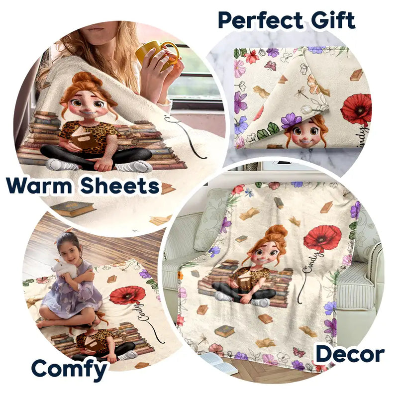 Reading Girl With Birth Month Flowers - Personalized Fleece Blanket, Sherpa Blanket