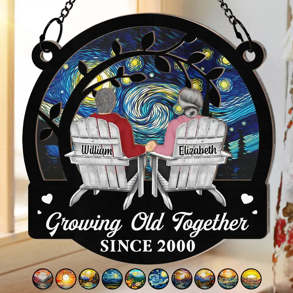 Gift For Couples,Old Couples,Gift For Husband,Gift For Wife,Gift For Boyfriend,Gift For Girlfriend,Happy - Couple Starry Night Growing Old Together Since - Personalized Window Hanging Suncatcher Ornament