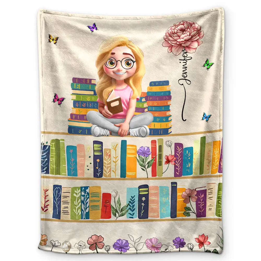 Vintage Bookself Reading Girl With Birth Month Flower - Personalized Fleece Blanket, Sherpa Blanket