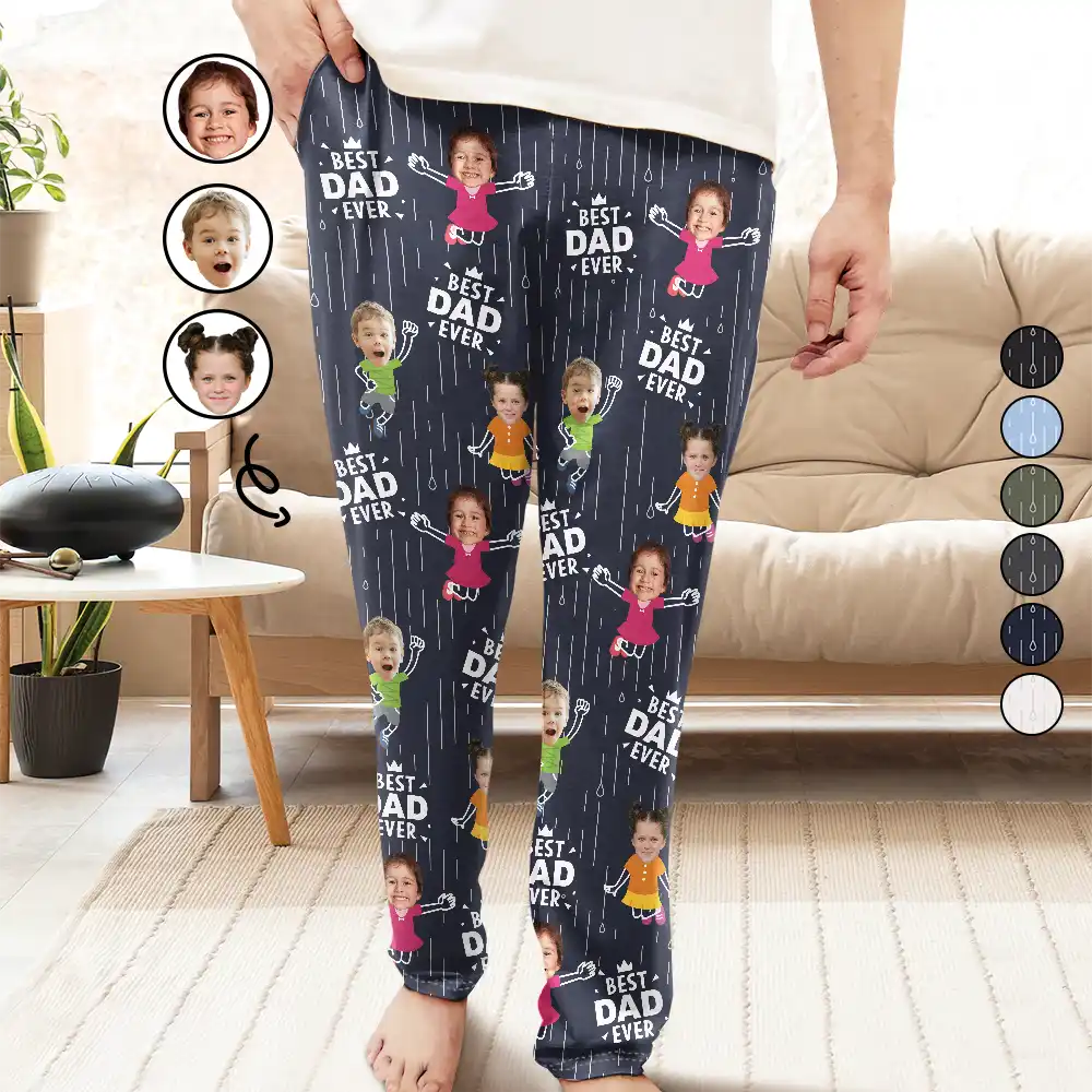 Gift For Father, Gift For Grandpa, Happy, Custom Photo - Custom Photo Cute Kids Best Dad Grandpa Ever Rain Pattern - Personalized Pajama Pants