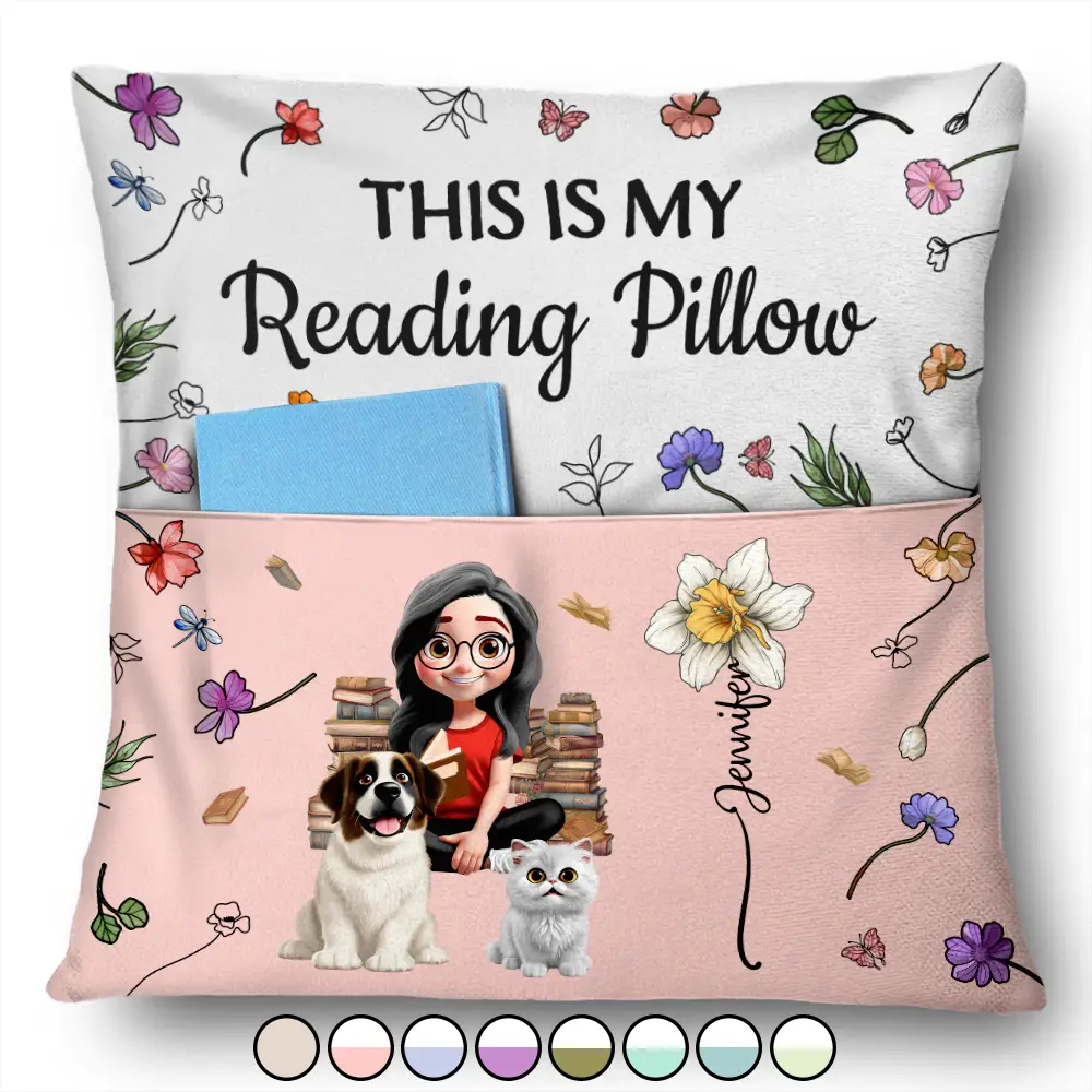 Reading,Gift For Yourself,Gift For Women,Happy,Pet Mom,Pet Lovers - My Reading Pillow Reading Girl With Pets & Birth Month Flower - Personalized Pocket Pillow