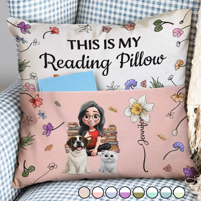 My Reading Pillow Reading Girl With Pets & Birth Month Flower - Personalized Pocket Pillow