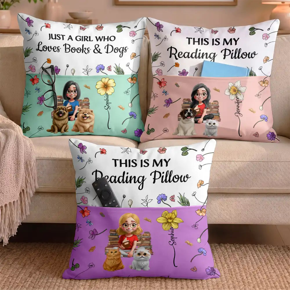 My Reading Pillow Reading Girl With Pets & Birth Month Flower - Personalized Pocket Pillow