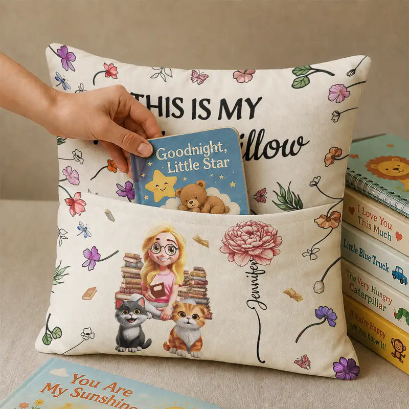 My Reading Pillow Reading Girl With Pets & Birth Month Flower - Personalized Pocket Pillow
