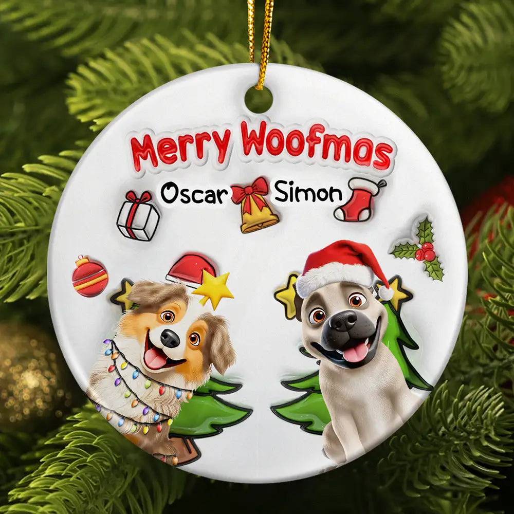 Merry Woofmas Christmas Dog - 3D Inflated Effect Printed Ornament, Personalized Circle Ceramic Ornament