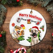 Dog Lovers,Dog Mom,Dog Dad,Dog Couple,Christmas,Gift For Women,Gift For Men,Happy - Merry Woofmas Christmas Dog - 3D Inflated Effect Printed Ornament, Personalized Circle Ceramic Ornament