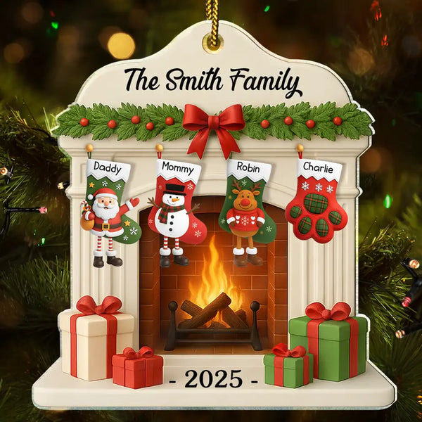 Family,Pet Lovers,Pet Mom,Pet Dad,Pet Couple,Dog Lovers,Dog Couple,Dog Mom,Dog Dad,Cat Lovers,Cat Mom,Cat Dad,Cat Couple,Happy,Christmas,Gift For Women,Gift For Men,Top Market - Christmas Fireplace And Stockings Family - Personalized Custom Shaped Acrylic Ornament