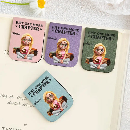 Just One More Chapter 3D Effect Reading Woman Man - Personalized Leather Magnetic Bookmark