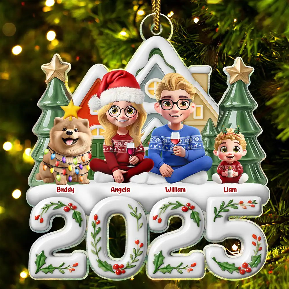 Family,Pet Lovers,Pet Mom,Pet Dad,Pet Couple,Dog Lovers,Dog Couple,Dog Mom,Dog Dad,Cat Lovers,Cat Mom,Cat Dad,Cat Couple,Happy,Christmas,Top Market - Christmas Family Sitting Together Ceramic Effect - Personalized Custom Shaped Acrylic Ornament