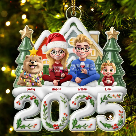 Christmas Family Sitting Together Ceramic Effect - Personalized Custom Shaped Acrylic Ornament