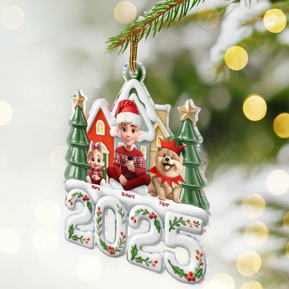 Family,Pet Lovers,Pet Mom,Pet Dad,Pet Couple,Dog Lovers,Dog Couple,Dog Mom,Dog Dad,Cat Lovers,Cat Mom,Cat Dad,Cat Couple,Happy,Christmas,Top Market - Christmas Family Sitting Together Ceramic Effect - Personalized Custom Shaped Acrylic Ornament