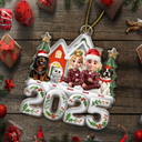 Family,Pet Lovers,Pet Mom,Pet Dad,Pet Couple,Dog Lovers,Dog Couple,Dog Mom,Dog Dad,Cat Lovers,Cat Mom,Cat Dad,Cat Couple,Happy,Christmas,Top Market - Christmas Family Sitting Together Ceramic Effect - Personalized Custom Shaped Acrylic Ornament