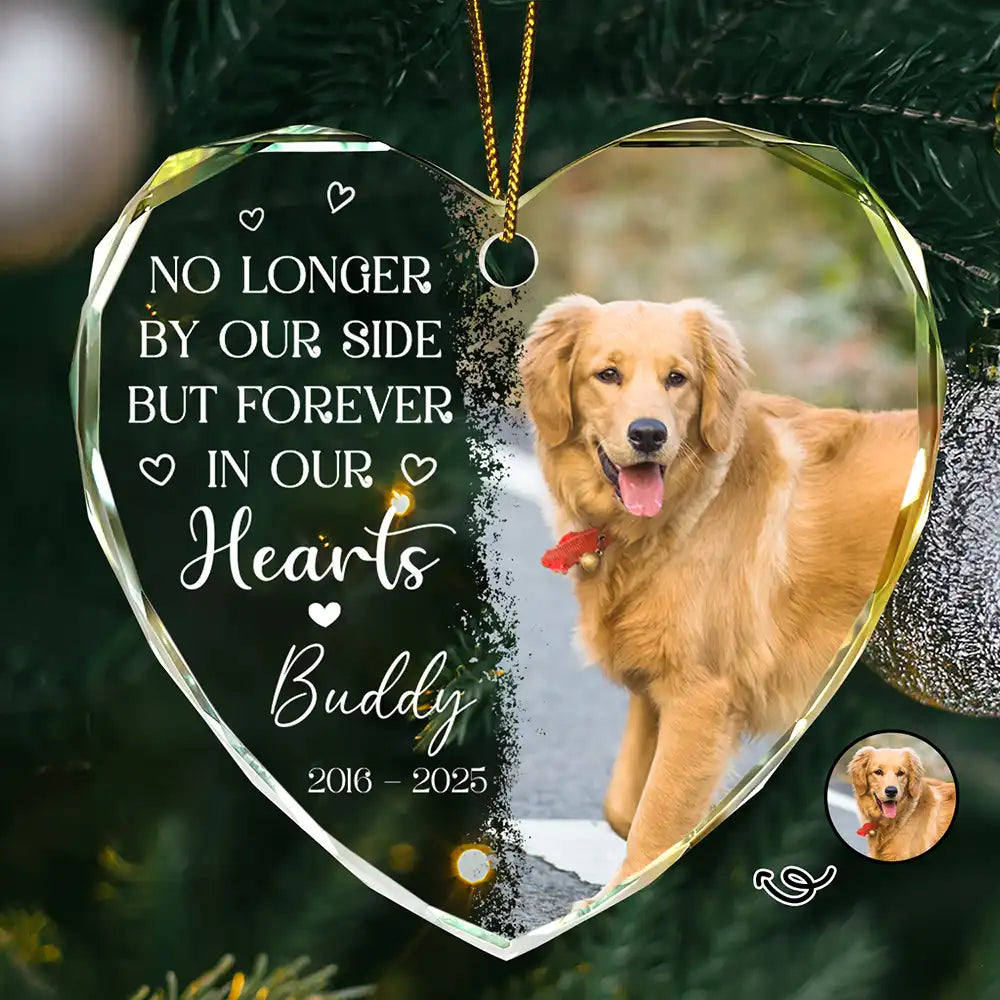 Custom Photo,Pet Lovers,Memorial,Sad - Custom Photo No Longer By My Side Pet Loss - Personalized Heart Shaped Glass Ornament