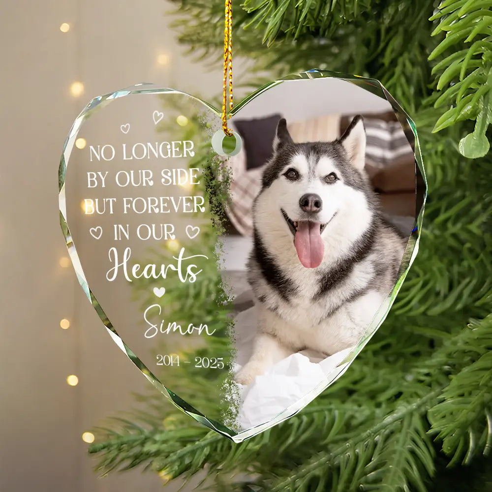Custom Photo,Pet Lovers,Memorial,Sad - Custom Photo No Longer By My Side Pet Loss - Personalized Heart Shaped Glass Ornament