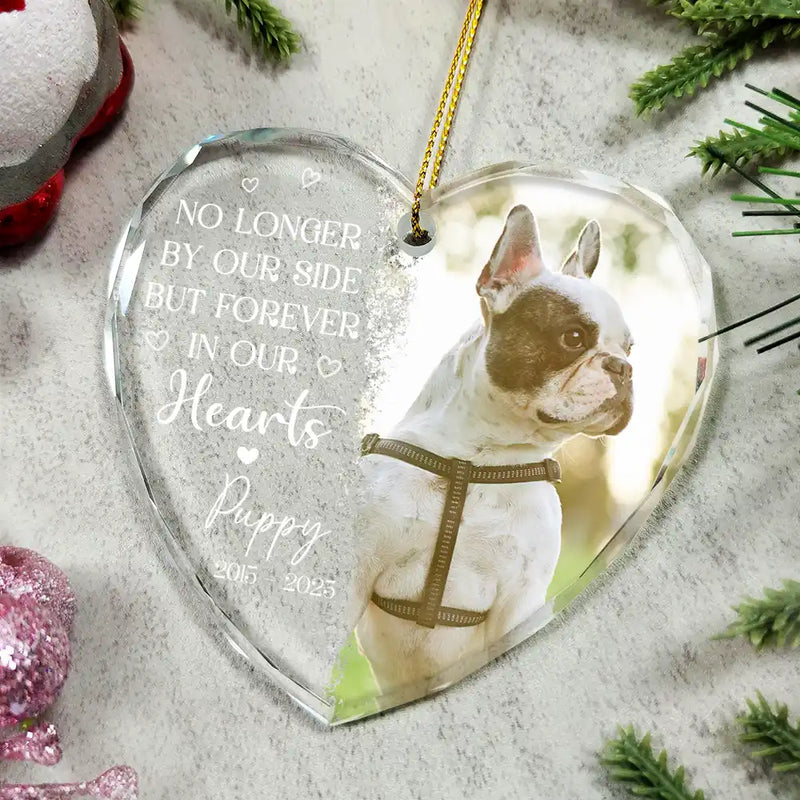 Custom Photo,Pet Lovers,Memorial,Sad - Custom Photo No Longer By My Side Pet Loss - Personalized Heart Shaped Glass Ornament