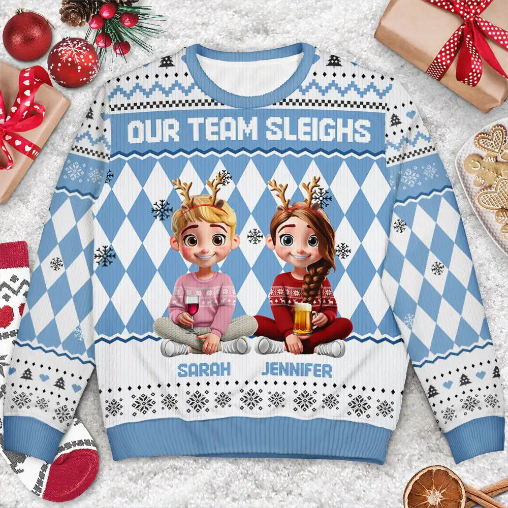 Christmas,Gift For Bestie,Gifts For Colleagues,Happy - Our Team Sleighs Custom Team Name, Work Party Sweater - Personalized Unisex Ugly Sweater