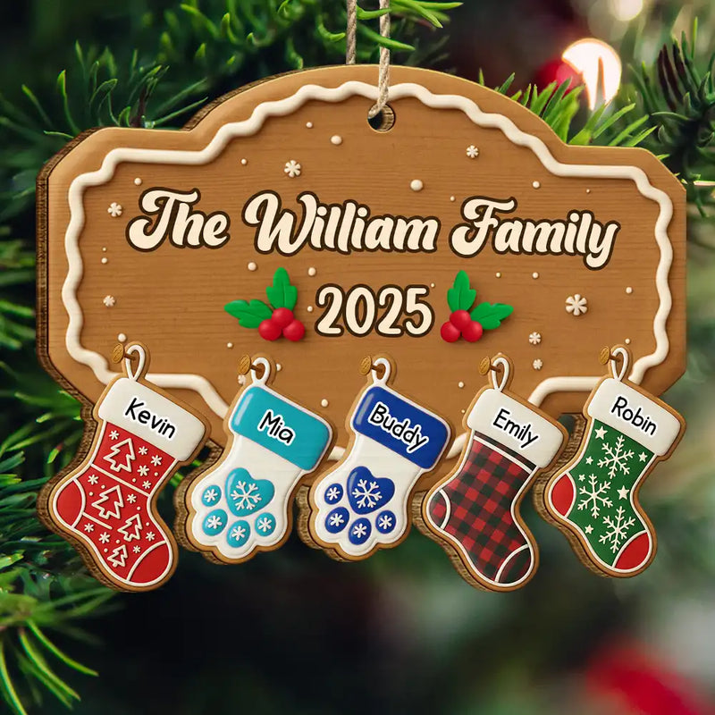 Family, Gift For Women, Gift For Men, Pet Lovers, Happy, Christmas, Top Market - Christmas Family Stockings Ceramic Effect - Personalized Custom Shaped Wooden Ornament