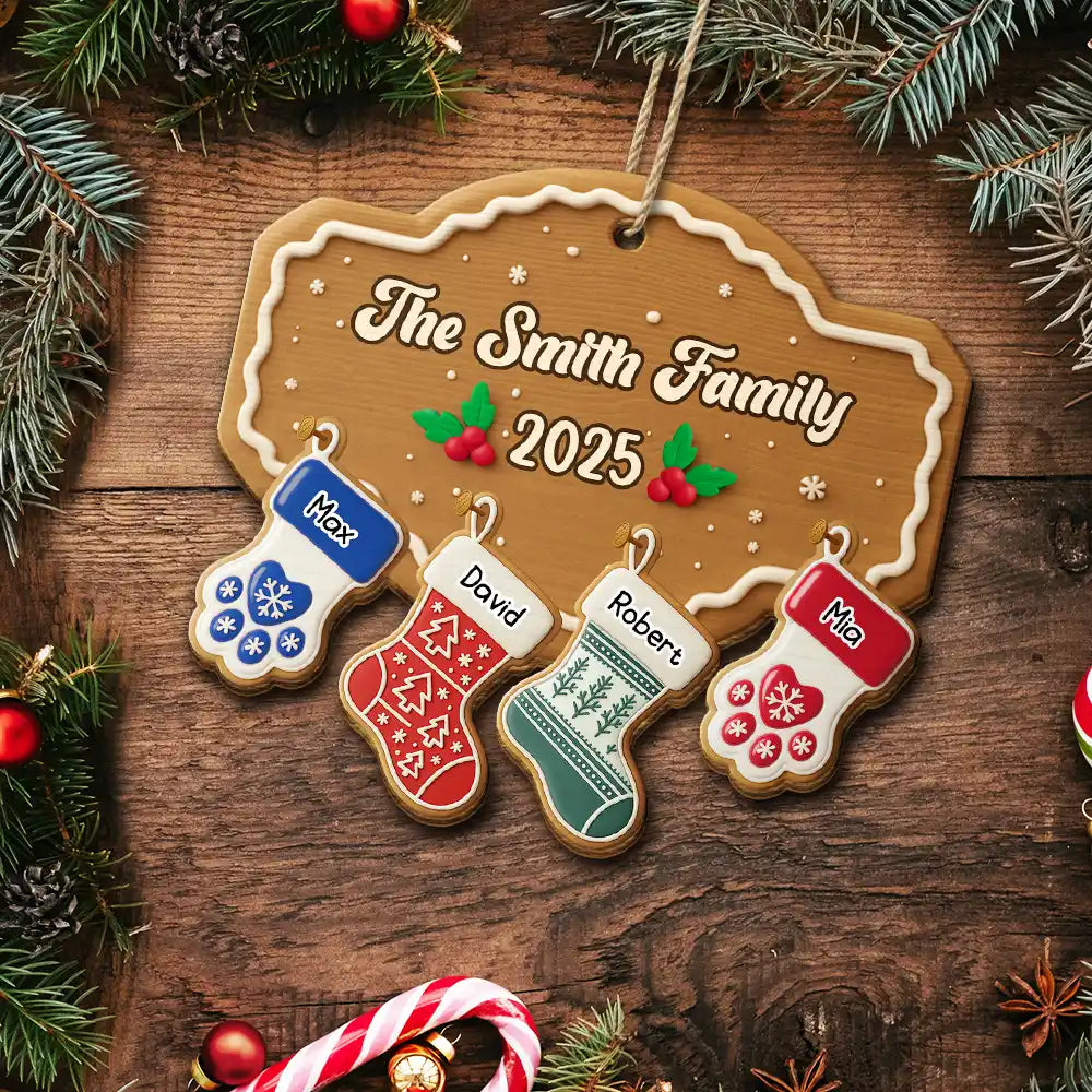 Family, Gift For Women, Gift For Men, Pet Lovers, Happy, Christmas, Top Market - Christmas Family Stockings Ceramic Effect - Personalized Custom Shaped Wooden Ornament