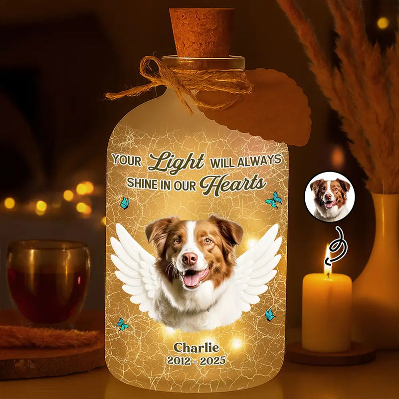 Christmas,Custom Photo,Memorial,Family,Pet Lovers,Sad - Custom Photo Your Light Will Always Shine In My Heart Crackle Glass Effect - Personalized Short Bottle Light