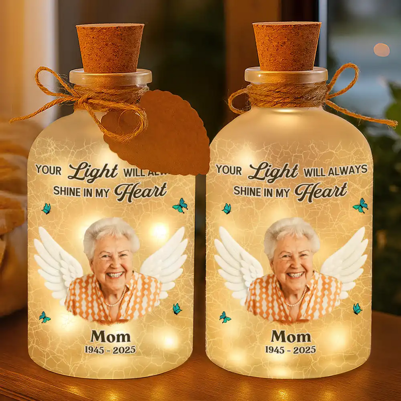 Christmas,Custom Photo,Memorial,Family,Pet Lovers,Sad - Custom Photo Your Light Will Always Shine In My Heart Crackle Glass Effect - Personalized Short Bottle Light
