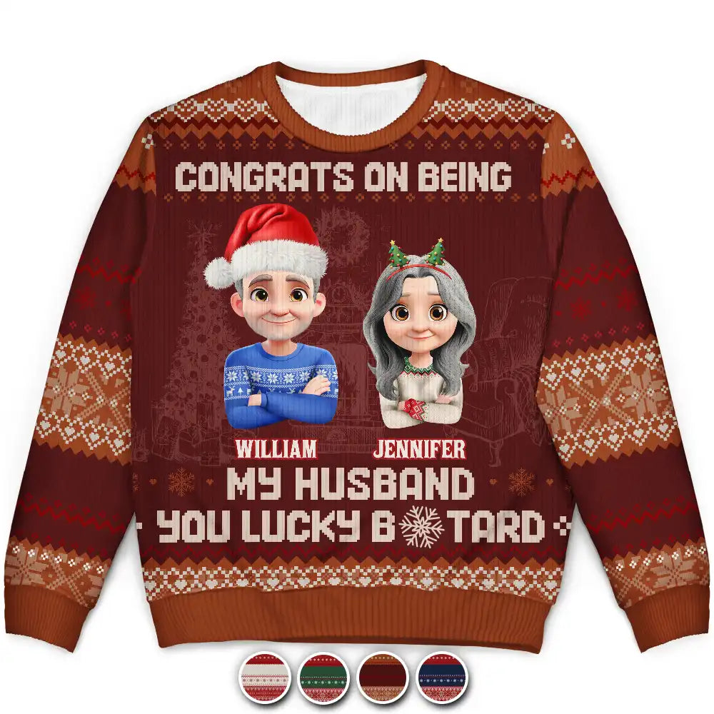 Gift For Couples,Old Couples,Gift For Husband,Gift For Wife,Gift For Women,Gift For Men,Funny,Christmas,Top Market - Christmas Couple Congrats On Being My Husband You Lucky Man - Personalized Unisex Ugly Sweater