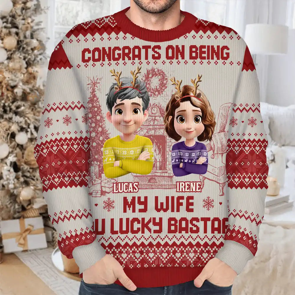 Gift For Couples,Old Couples,Gift For Husband,Gift For Wife,Gift For Women,Gift For Men,Funny,Christmas,Top Market - Christmas Couple Congrats On Being My Husband You Lucky Man - Personalized Unisex Ugly Sweater