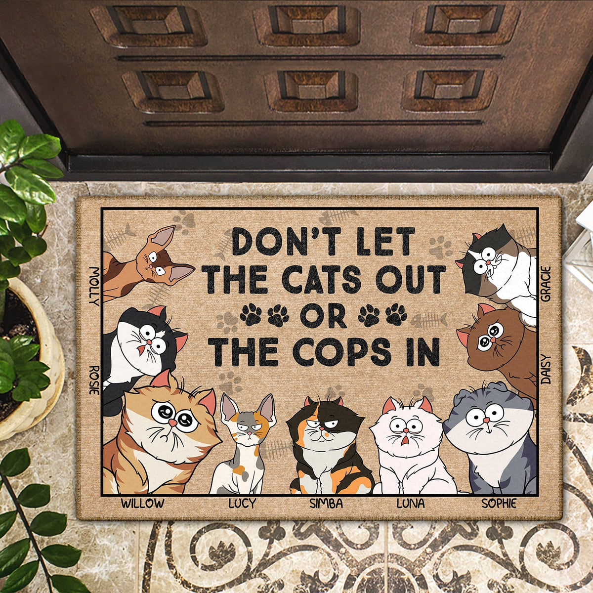 Don't Let The Cats Out Or The Cops In Funny Cartoon Cat - Gift For Cat Lovers - Personalized Doormat
