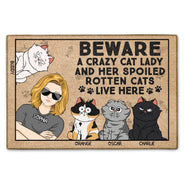 Beware A Crazy Cat Lady & Her Spoiled Rotten Cats Live Here Funny Cartoon Cat - Gift For Cat Lovers - Personalized Doormat