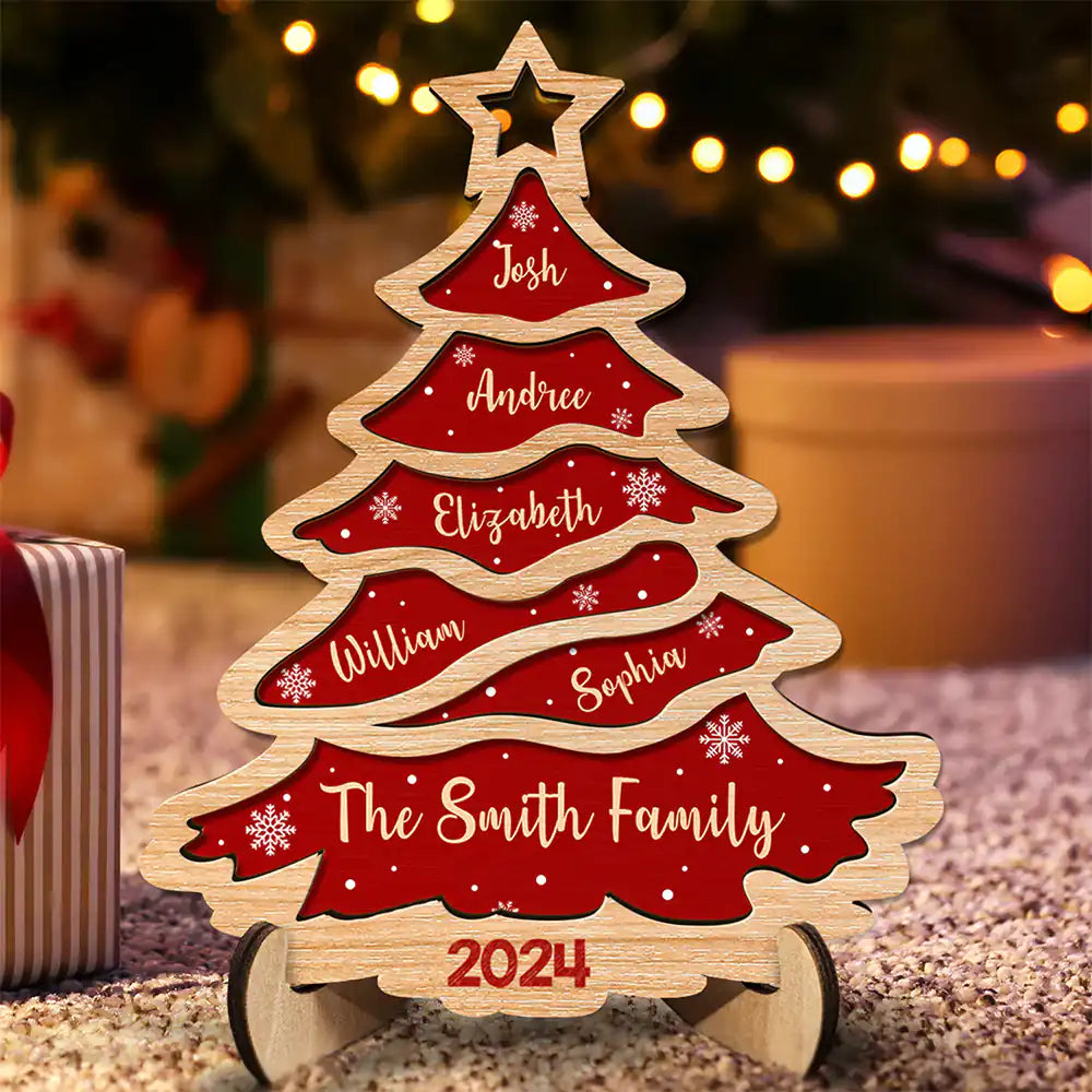 Christmas Tree Family Bestie Custom Names Version 3 - Personalized 2-Layered Wooden Plaque With Stand