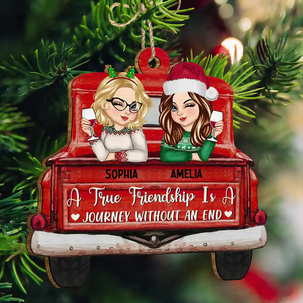 Gift For Bestie - A True Friendship Is A Journey Without An End Red Truck - Personalized Custom Shaped Wooden Ornament