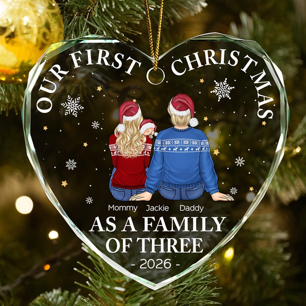 First Christmas As A Family Of Three New Parents - Personalized Heart Shaped Glass Ornament