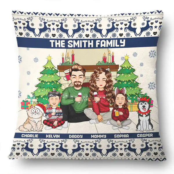 Family,Parents,Gift For Kids,Pet Lovers,Dog Lovers,Cat Lovers - Merry Christmas Family With Pets - Personalized Pillow