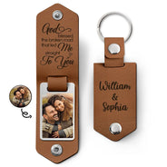 Custom Photo God Blessed The Broken Road - Loving, Anniversary Gift For Couple, Spouse, Husband, Wife - Personalized Leather Photo Keychain