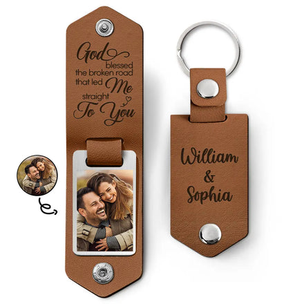 Custom Photo God Blessed The Broken Road - Loving, Anniversary Gift For Couple, Spouse, Husband, Wife - Personalized Leather Photo Keychain