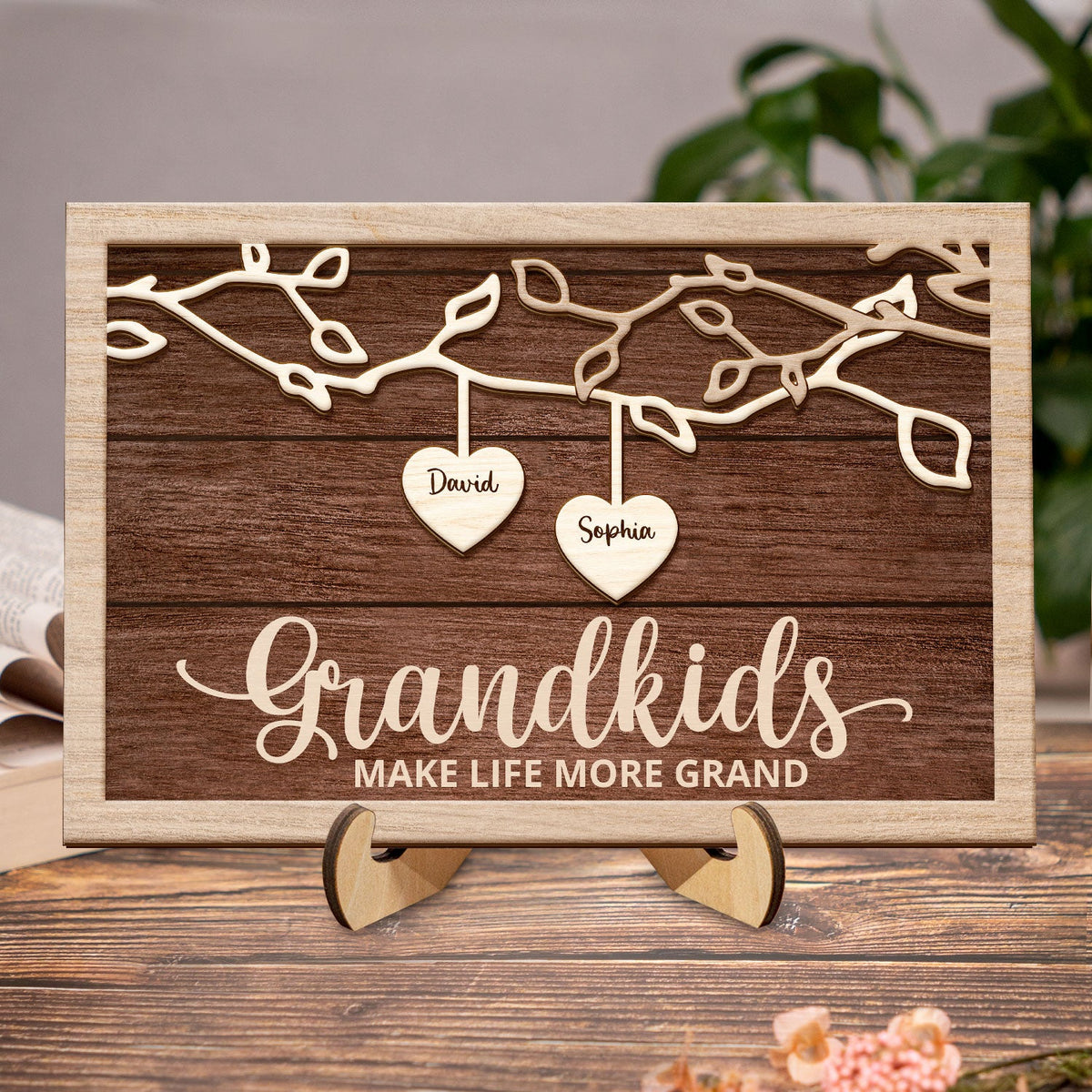Grandkids Make Life More Grand - Gift For Grandma, Grandpa, Grandparents, Dad, Mom - Personalized 2-Layered Wooden Plaque With Stand