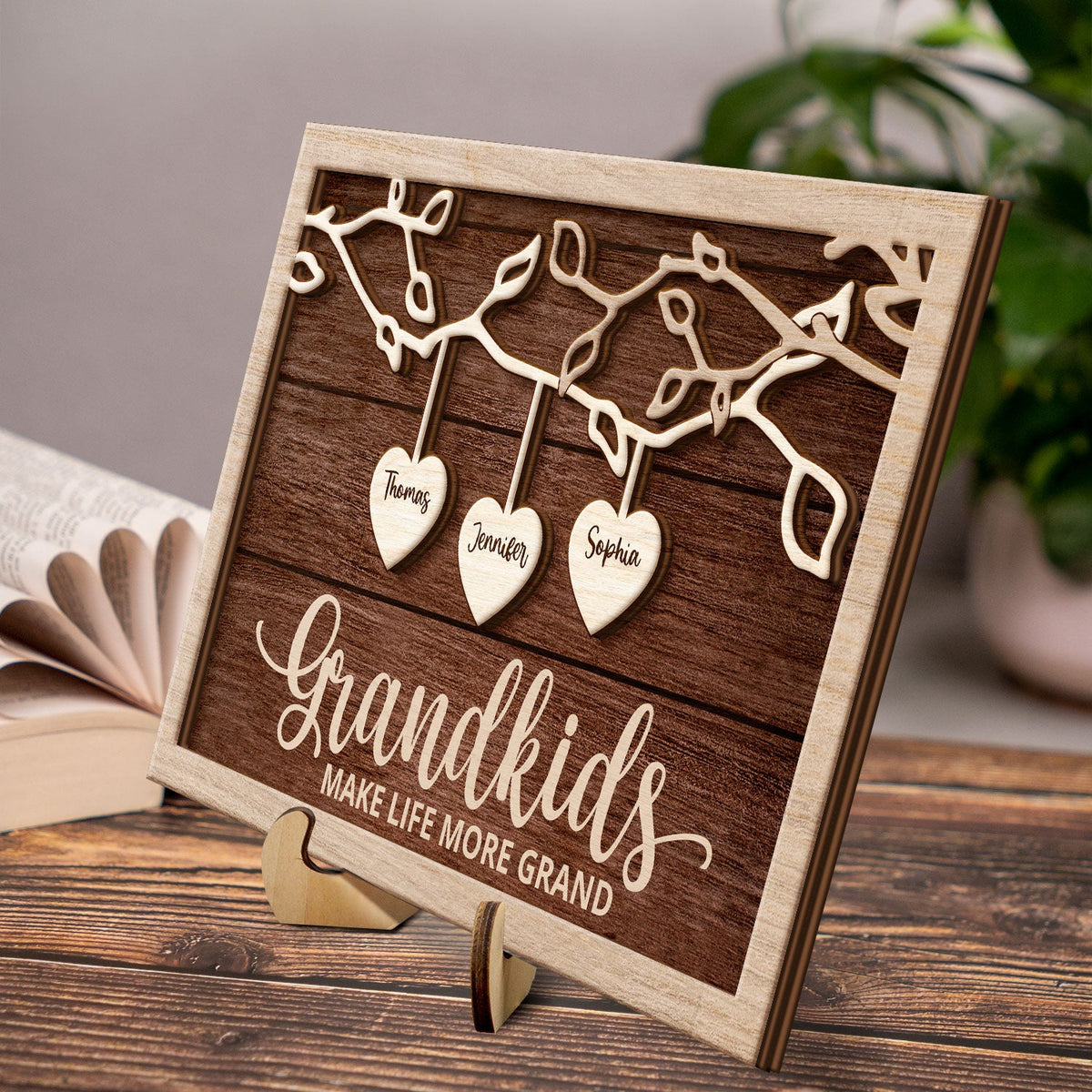 Grandkids Make Life More Grand - Gift For Grandma, Grandpa, Grandparents, Dad, Mom - Personalized 2-Layered Wooden Plaque With Stand