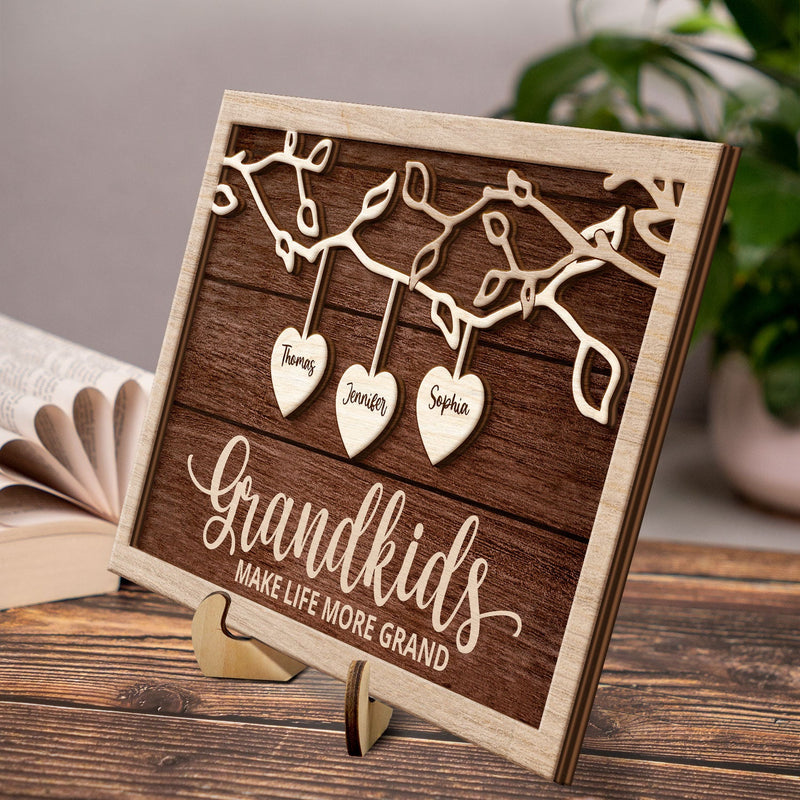 Grandkids Make Life More Grand - Gift For Grandma, Grandpa, Grandparents, Dad, Mom - Personalized 2-Layered Wooden Plaque With Stand
