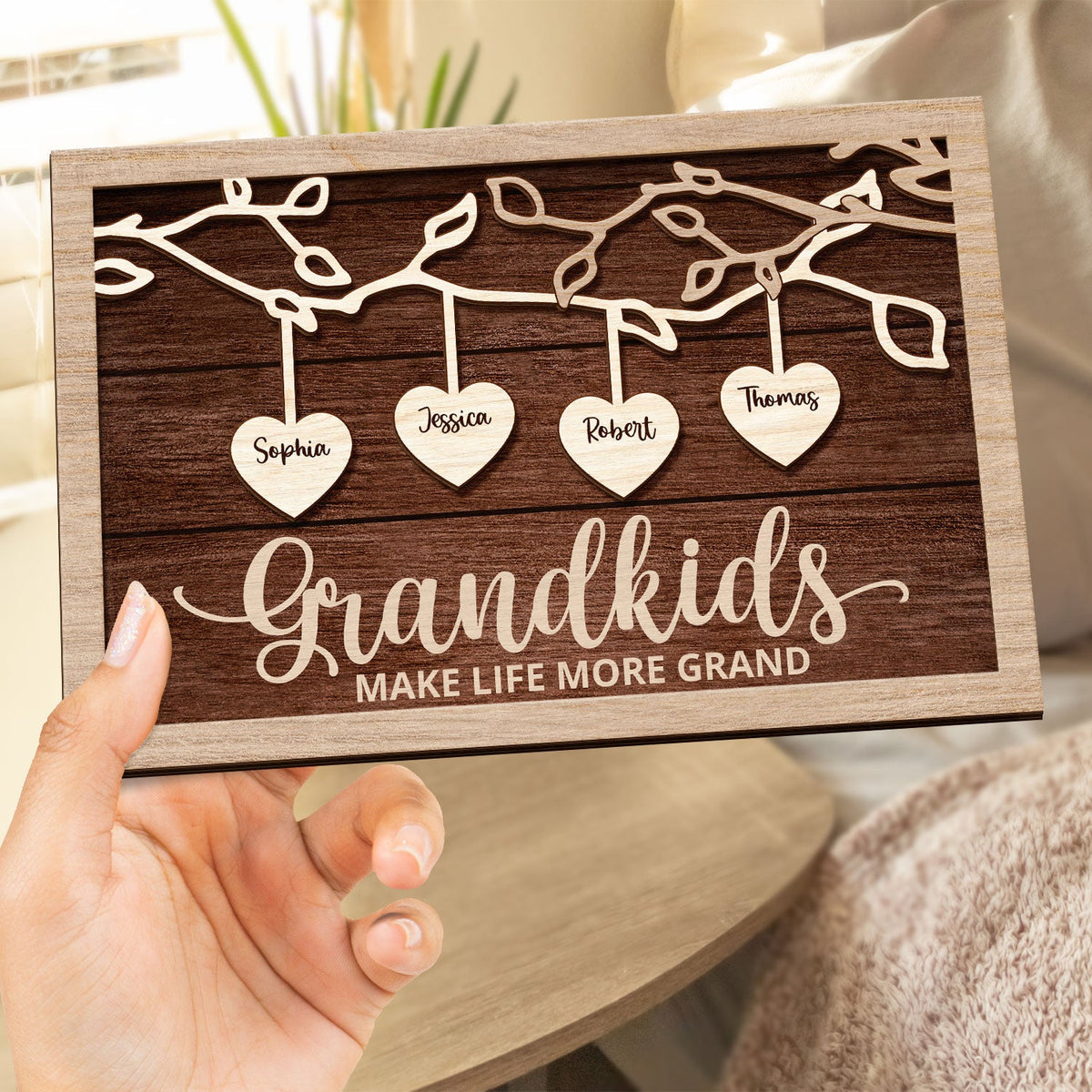 Grandkids Make Life More Grand - Gift For Grandma, Grandpa, Grandparents, Dad, Mom - Personalized 2-Layered Wooden Plaque With Stand