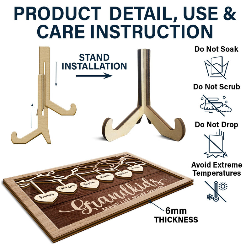 Grandkids Make Life More Grand - Gift For Grandma, Grandpa, Grandparents, Dad, Mom - Personalized 2-Layered Wooden Plaque With Stand