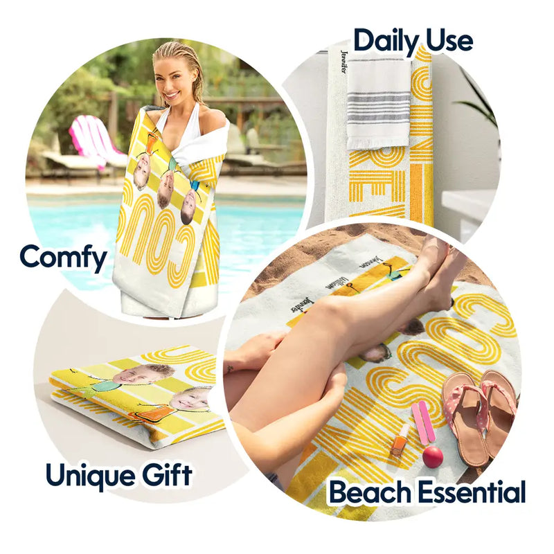 Custom Photo Funny Cousin Crew Retro Stripe - Personalized Beach Towel