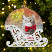 Custom Photo Christmas Sleigh With Dog, Cat Or Person - Christmas, Funny Gift For Pet Lovers, Couples, Family, Friends - Personalized 2-Layered Acrylic Suncatcher Ornament