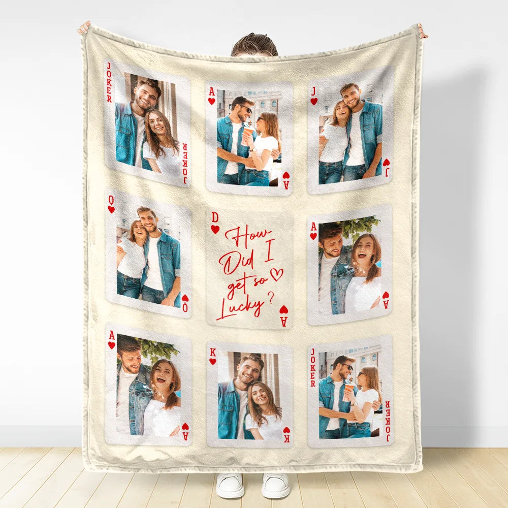 Gift For Couples,Old Couples,Gift For Husband,Gift For Wife,Gift For Boyfriend,Gift For Girlfriend,Love,Custom Photo - Custom Photo Playing Card Couple Lucky In Love - Personalized Fleece Blanket, Sherpa Blanket