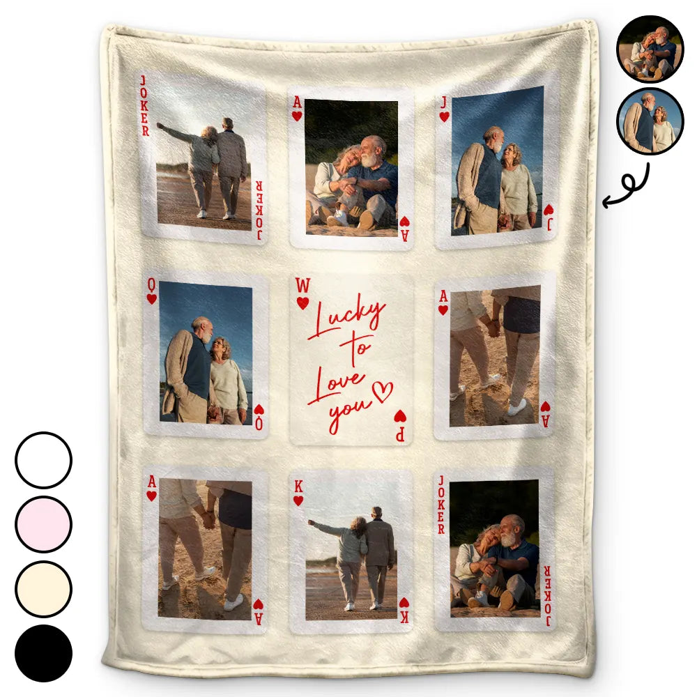 Gift For Couples,Old Couples,Gift For Husband,Gift For Wife,Gift For Boyfriend,Gift For Girlfriend,Love,Custom Photo - Custom Photo Playing Card Couple Lucky In Love - Personalized Fleece Blanket, Sherpa Blanket