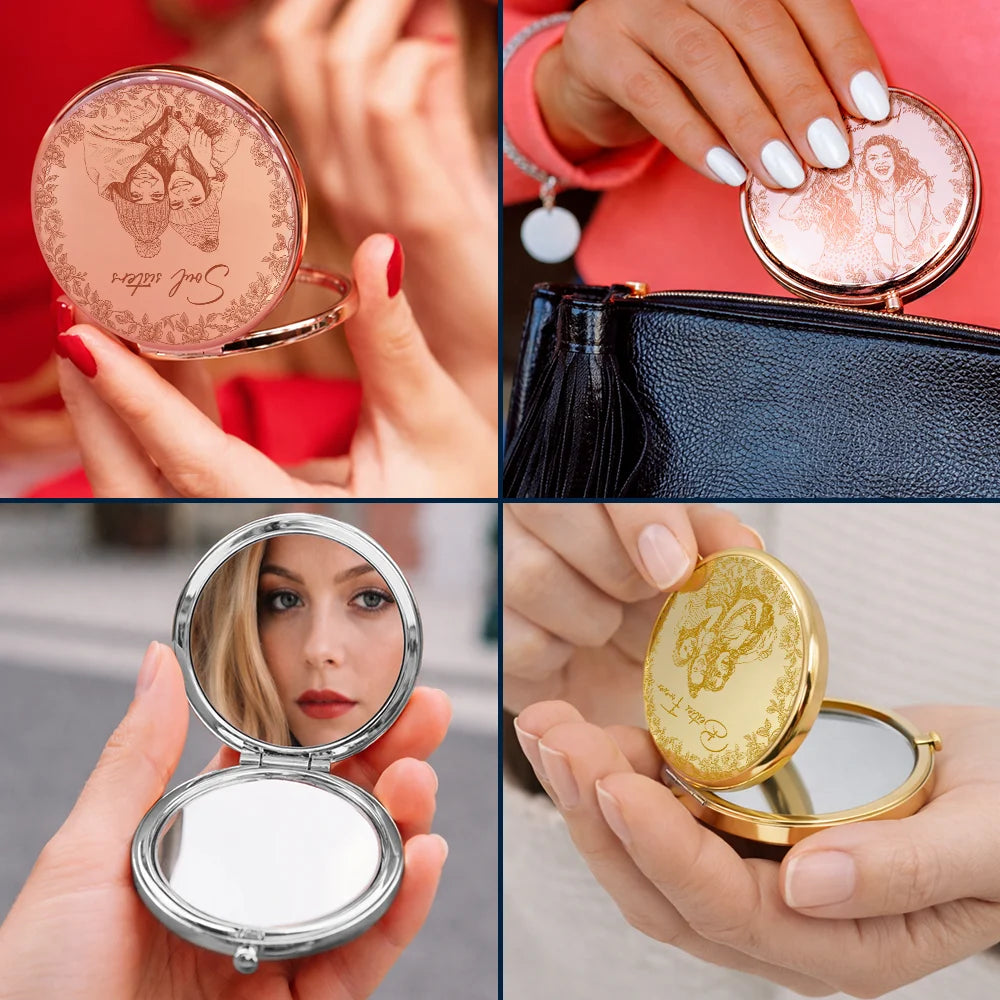 Gift For Bestie,Old Best friends,Gift For Sisters,Custom Photo,Happy - Custom Photo Pencil Sketch A True Friendship Is A Journey Without An End - Personalized Compact Mirror