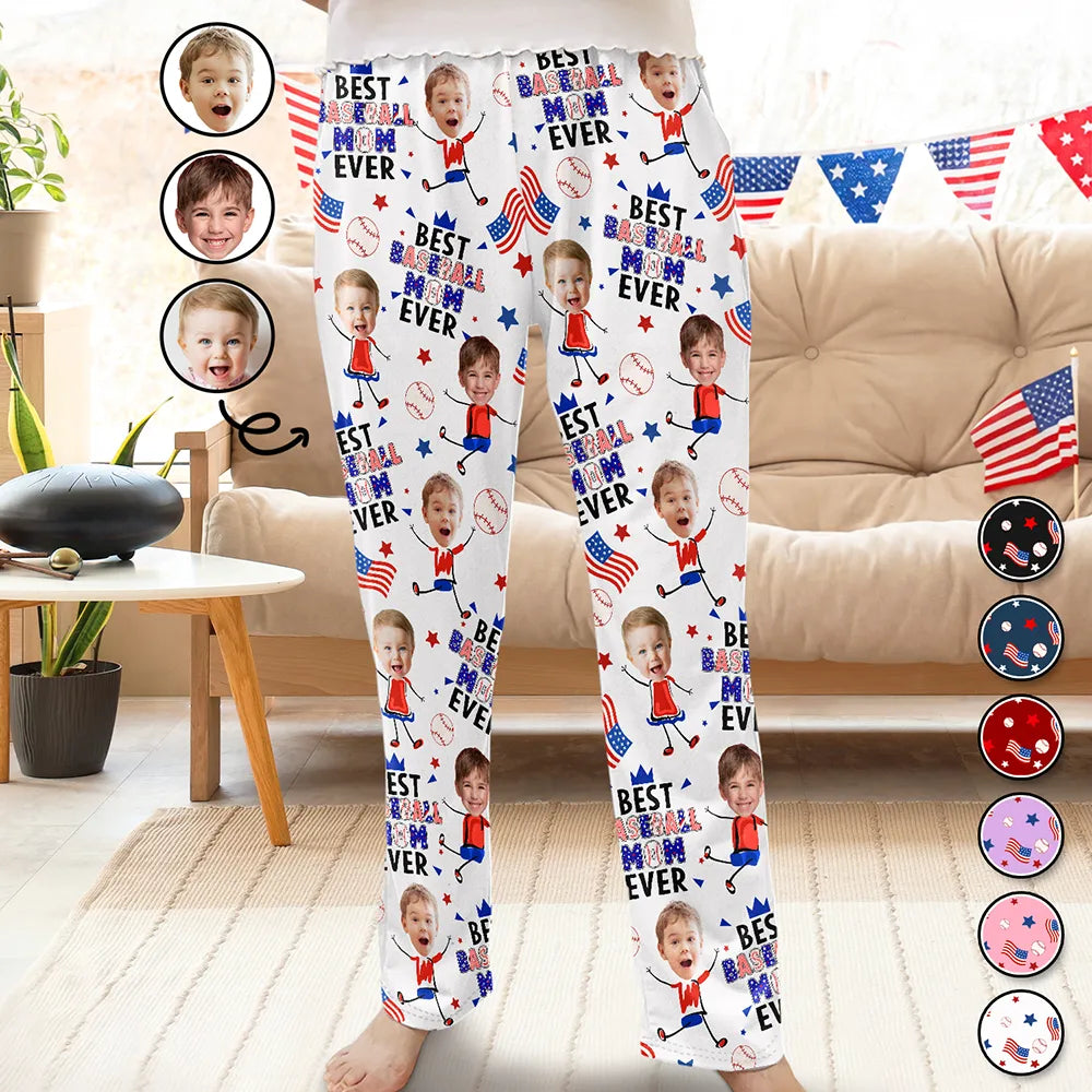 Gift For Father,Gift For Grandpa,Gift For Mother,Gift For Grandma,Happy,Baseball,Photo,Icon - Custom Photo Stars & Stripes Best Baseball Mom Dad Ever - Personalized Pajama Pants
