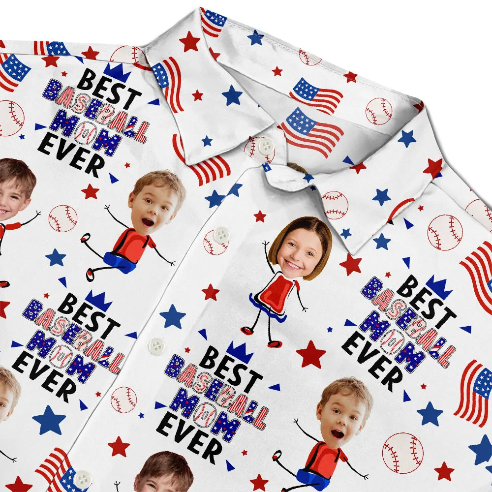 Gift For Father,Gift For Grandpa,Gift For Mother,Gift For Grandma,Happy,Baseball,Independence Day,Photo,Icon - Custom Photo Stars & Stripes Best Baseball Mom Dad Ever - Personalized Hawaiian Shirt