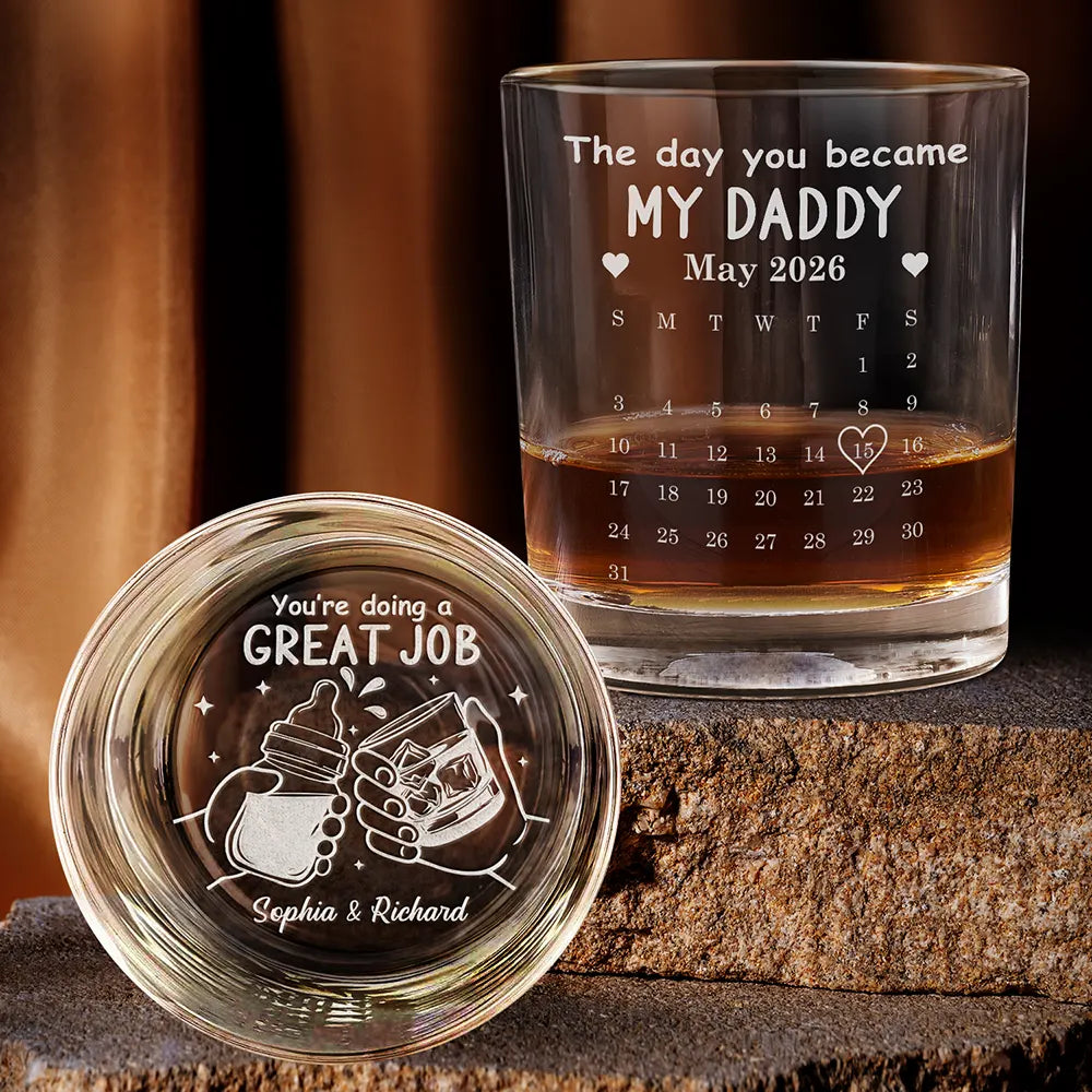 Gift For Grandpa,Gift For Father,New Dad,Non-Eng,Calendar,Icon,Proud - Calendar The Day You Became My Daddy Mommy - Personalized Engraved Whiskey Glass