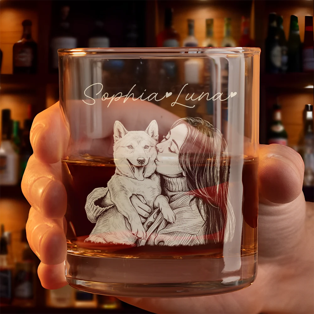 Pet Lovers,Pet Mom,Pet Dad,Dog Lovers,Dog Mom,Dog Dad,Cat Lovers,Cat Mom,Cat Dad,Non-Eng,Photo - Pencil Sketch (Dark BG),Adorable - Custom Photo White Pencil Sketch Art Pet Dad Pet Mom - Personalized Engraved Whiskey Glass
